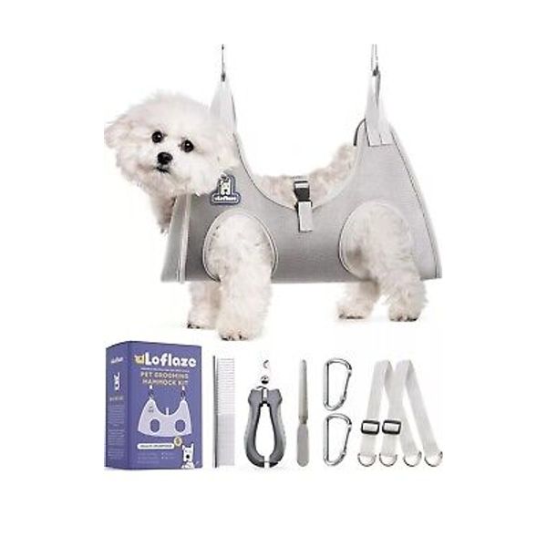 Gray Dog Grooming Hammock Harness Cats W Pet Nail Clipper Trimmer Comb XS Opn Bx