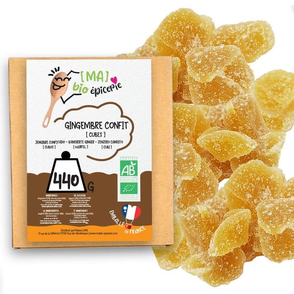 Les Papoteuses | Bio kandierter Ingwer in Würfeln 440 g | Bio-zertifiziert | Fairer Handel | 100% natürlich | Hochwertige kandierte Früchte | Ohne Konservierungsmittel