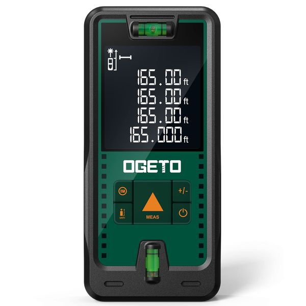 Laser Measure, Ogeto 165 Feet Digital Laser Distance Meter with 2 Bubble Levels,M/in/Ft Unit Switching Backlit LCD and Pythagorean Mode, Measure Distance, Area and Volume