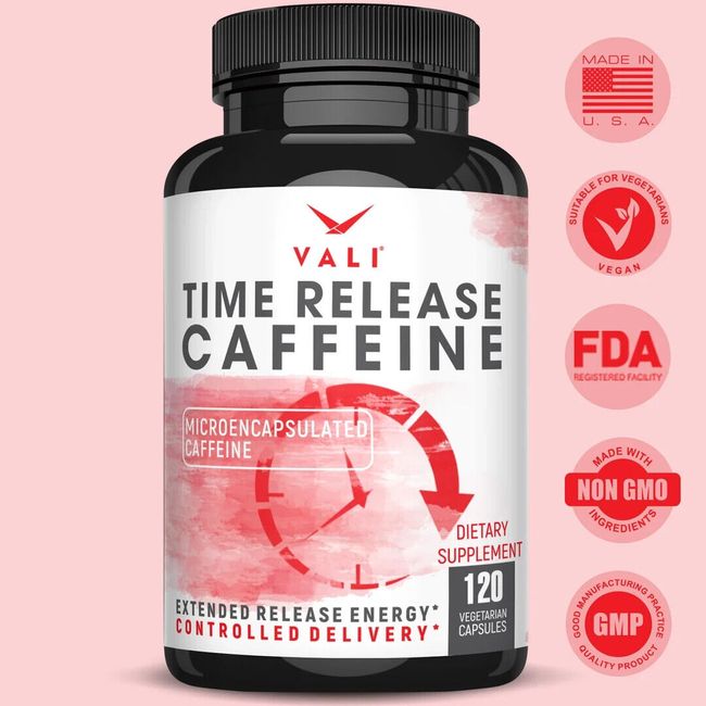 VALI Time Release Caffeine - Microencapsulated Caffeine, 120 Veg Capsules