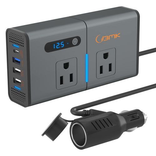 BMK 200W Car Power Inverter Newly Car Plug Adapter Outlet Charger DC 12V to 110V Car Inverter with 1.2A&2.4A USB, 1 QC3.0 USB and 1 Type C Ports Black