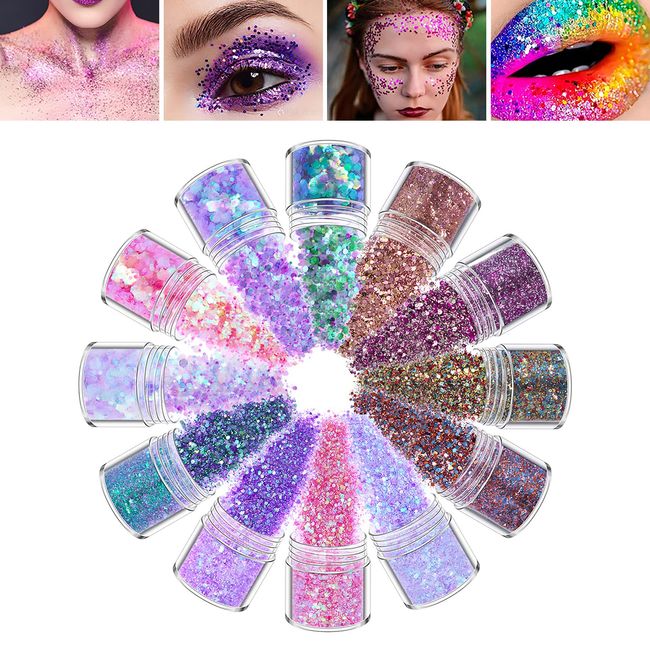 12 Boxen Makeup Glitzer Gesicht Glitzer, Körperglitzer, Glitzer Make up Set, Chunky Glitter Holographic Glitzer, Haare Glitzer, Glitzer Sequin für Gesicht Nägel Augen Lippen Haare Körper