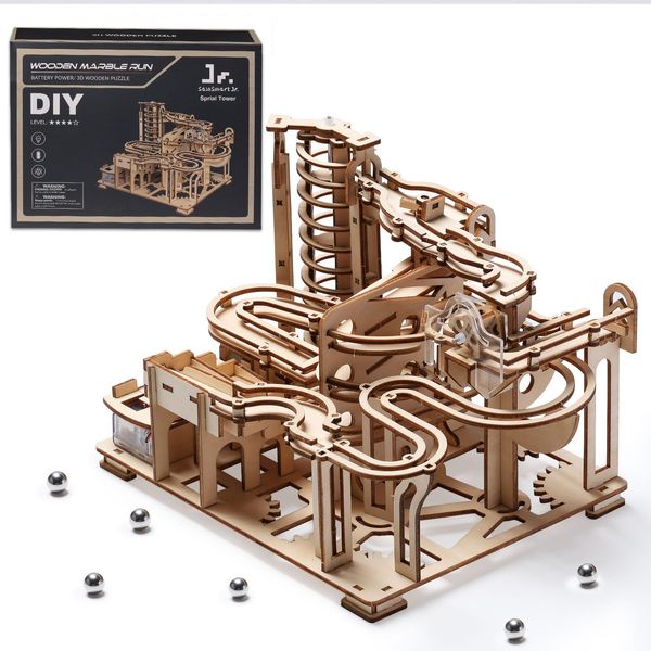 SainSmart Jr. 3D Wooden Puzzles for Adults, 225 PCS Marble Run Wood to Build, Electric Driven Mechanical Model Building Kit, DIY Gift for Aged 14+, Roller Coaster