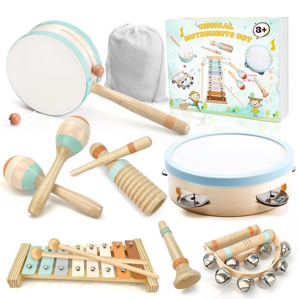 Miljgte Musical Instruments-Musical Toys Neutral Colors Wooden Toys for Toddlers Baby Musical Instruments with Modern Boho Xylophone Toddler Toys with Storage Bag for Boys Girls Age 3+