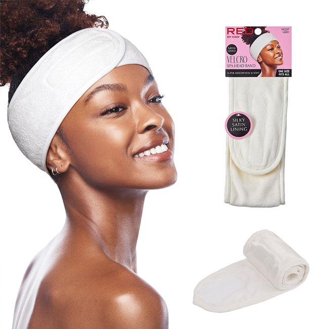 Red by Kiss Spa Headband for Washing Face, Adjustable Wrap Facial Makeup Hair Band Silky Satin Lining Terry Cloth with Magic Tape, Shower Bath Washing Mask Sport Yoga (IVORY)