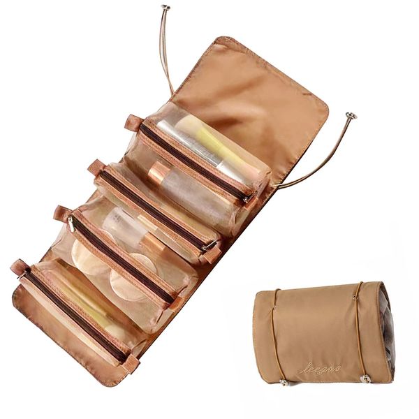 Makeup Pouch, Makeup Pouch, Storage Pouch, 4 in 1 Cosmetic Storage, Multi-functional Travel Pouch, Portable, Foldable, Removable, Waterproof, Unisex, coffee color