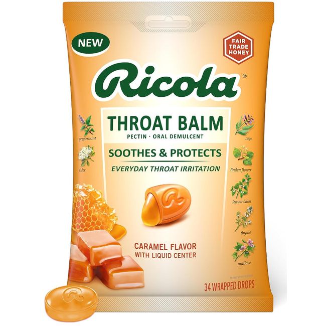 Ricola Throat Balm, Caramel Flavor w Liquid Center 34 Wrapped Drops 036602833081