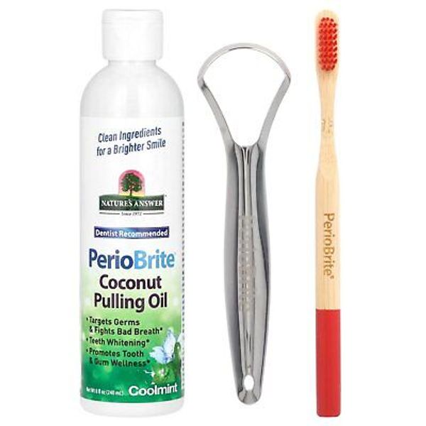 PerioBrite Coconut Pulling Oil with Toothbrush & Tongue Scraper, Coolmint, 8 fl