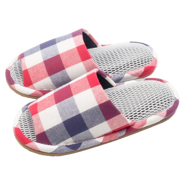 Okumura AAAA6920 RE Slippers, Pair, Non-Slip, Open Front, Mesh, Size M, Red, Marine Plaid, Outer Sewn