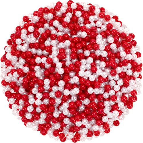 UPINS 1200Pcs Red and White Beads,6mm Pearl Beads for Jewelry Making Xmas Holiday Valentine's Day Party Decoration Necklace Bracelets Earrings Hair Beads DIY Ornament