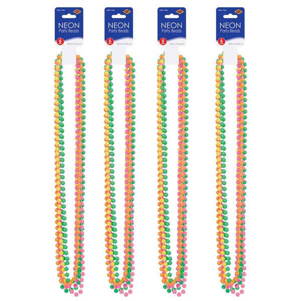 Beistle Neon Plastic Beaded Necklaces 24 Piece 90's Party Supplies Mardi Gras Favors, 33", Green/Pink/Yellow/Orange