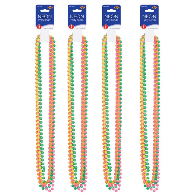 Beistle Neon Plastic Beaded Necklaces 24 Piece 90's Party Supplies Mardi Gras Favors, 33", Green/Pink/Yellow/Orange