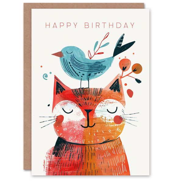 Birthday Card Happy Cat Pet with Bird Friend Illustration For Girl Boy Kids