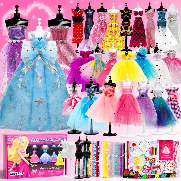 AYIQUTY 600+PCS Fashion Design Kits for Girls Creativity DIY Arts & Crafts Kit for Kids with 4 Mannequins & Sketchbook, Learning Toys Sewing Kit for Teen Girls Birthday Gift Age 6 7 8 9 10 11 12+