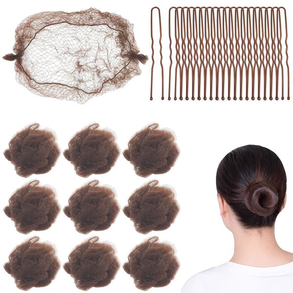 10 Pcs Brown Hair Nets Invisible with 20 Pcs U Shaped Pins, 20 Inch Individual Package Elastic Hair Mesh Nets + 2.4” U Shaped Pins Set for Hair Bun Making Ballet Dancer Kitchen Food Service Workers