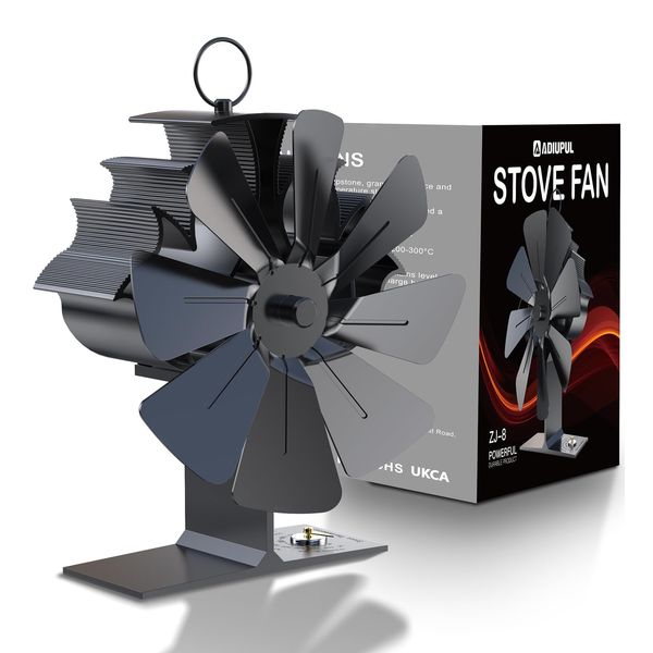 ADIUPUL Log Burner Fan,2023 New 8 Blades Stove Fan,Fire Fan Noise-Free,Built-in Temperature Gauge Heat Fan,Circulating Warm Air,Wood Burner Fans Eco Fan for Wood/Log Burner/Fireplace (Black)