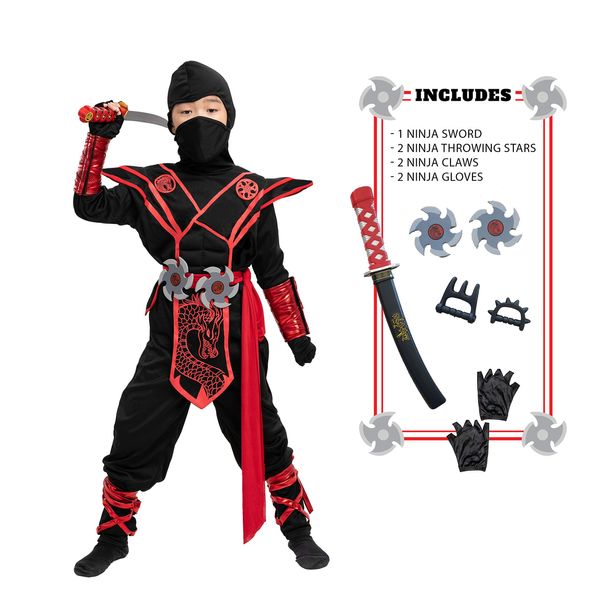 Spooktacular Creations Dragon Ninja Costume for kids, Red Boys Ninja Costume Outfit Set for Halloween Ninja Costume Dress Up Party-S