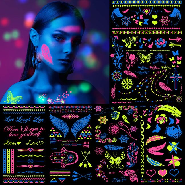 7 Blatt Neon Temporär Tattoos UV Tätowierung Aufkleber Körper Gesicht Haut Glänzend Tattoo Gefälscht Leuchtend Tattoo Wasserfest Tattoo Sticker für Frauen Mädchen Neon Party (Stilvoll Stil)