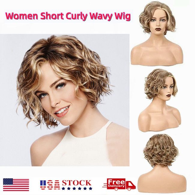 10 Inch Women Short Curly Wavy Bob Wig Fluffy Blonde Hair Cosplay Fashion Wig US