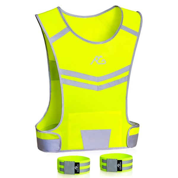 Reflective Running Vest Gear Ultralight & Comfortable Cycling Motorcycle Reflective Vest-Large Zippered Inside Pocket & Adjustable Waist- High Visibility Night Running Safety Vest (Yellow, L/XL)