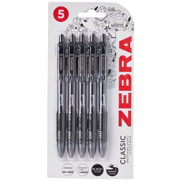 ZEBRA Pen Z Grip Smooth Black Ballpoint Pens, Comfortable ZEBRA Pens With Pocket Clip, Retractable Ballpoint, Reliable Black Biro Pens Multipack For Everyday Use - Medium Point, 5pk