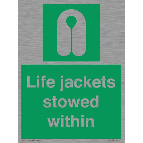 Life jackets stowed within Sign - 150x200mm - A5P