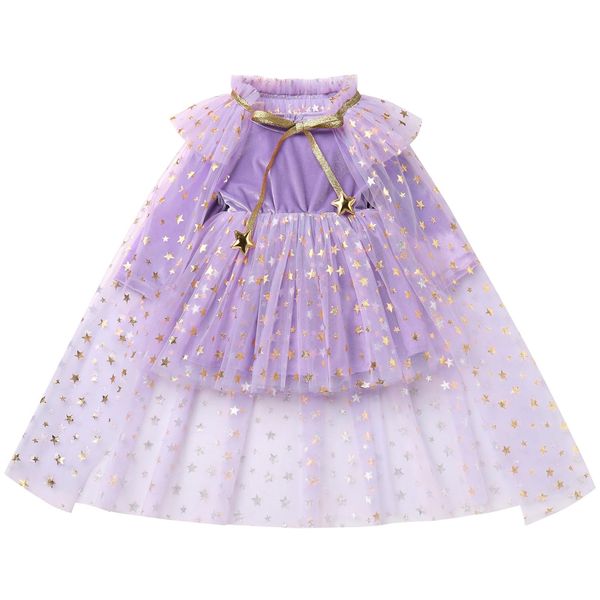 IDOPIP Toddler Girls Velvet Romper Dress with Cloak Cape Outfit Princess Star Glitters Tulle Dress Winter Christmas Party Dress Formal Christening Pageant Birthday Photoshoot Dress Purple 9-12 Months