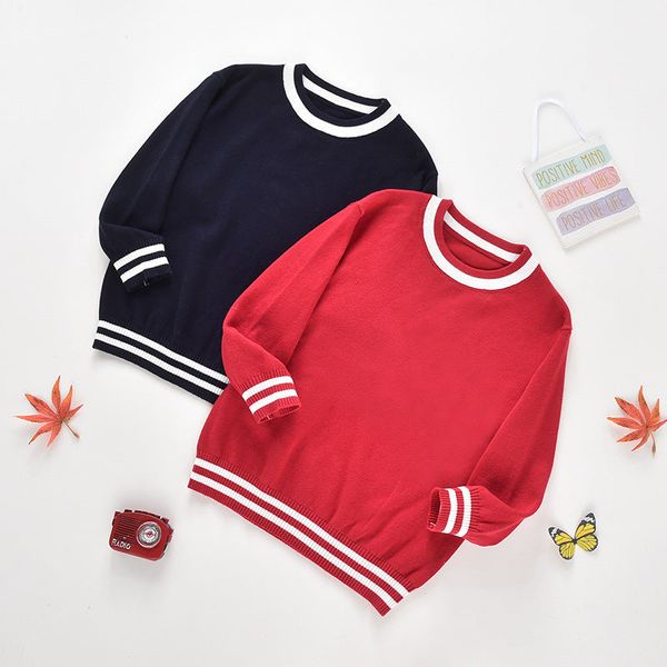 Baby Solid Color Striped Hem Design O-Neck Knit Sweater - 100 (2-3Y) / Red