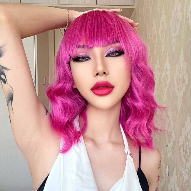 AISI BEAUTY Hot Pink Wig with Bangs Short Bob Wavy Curly Wig Shoulder Length Hot Pink Wigs for Women Synthetic Hair Colorful Wig for Halloween Costume Cosplay 14 Inch