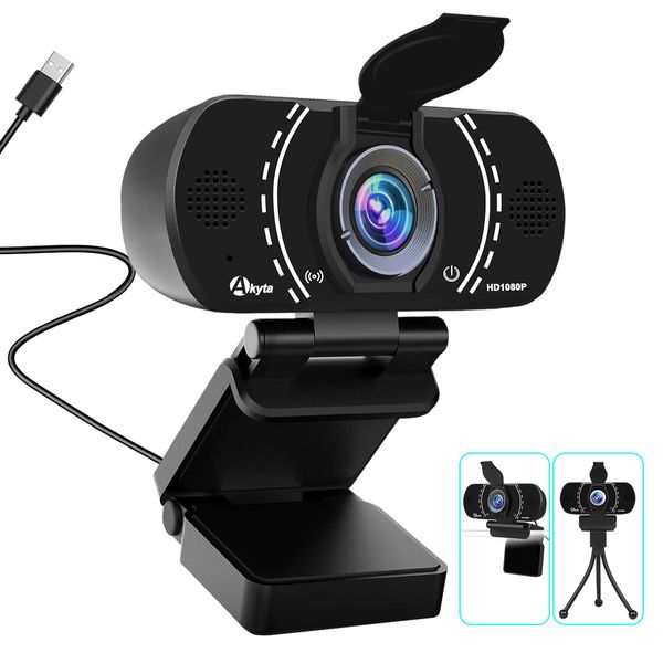 Akyta Webcam, Plug and Play USB Webcam 1080p with Microphone -Privacy Cover-Tripod, Streaming Web Camera for Desktop Computer Laptop PC Mac Video Calling/YouTube/Zoom Conference