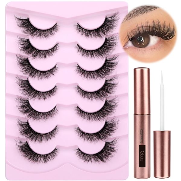 Cat Eye Lashes with Lash Glue Natural False Eyelashes Fluffy Wispy Faux Mink Lashes 15MM Strip Eyelashes Extensions Look, 7 Pairs with 5ML Eyelash Glue by PHKERATA