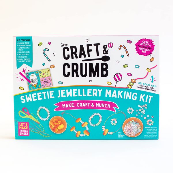 Craft & Crumb Sweetie Jewellery Activity Kit - Make Your Own Candy Necklace & Bracelet Arts & Crafts - for Kids 3+ and Teens - with Jewellery Box Craft, Colouring Pencils & More