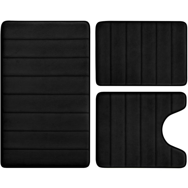 BYSURE Black Memory Foam Rug Set 3 Piece Non Slip Extra Absorbent Shaggy Soft & Dry Bath Mat Sets for Bathroom Washable Carpets Set