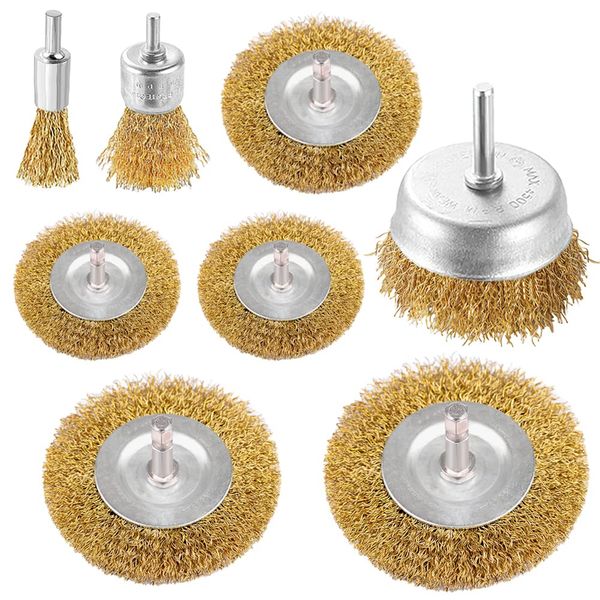 Wire Wheel Cup Brush Drills Set 8 pcs,Brass Coated Wire Brush Wheel Cup Brush Metal Brushes for Drill 1/4 Inch Shank for Cleaning Rust, Flakes and Abrasives Drill Attachment