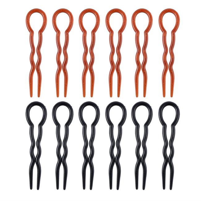 LALAFINA U- Förmige Haargabel Harzhaarbrötchen Pin Französische Haarstöcke Styling Tool für Dünnes Haar (Schwarz& Kaffee) 12Pcs