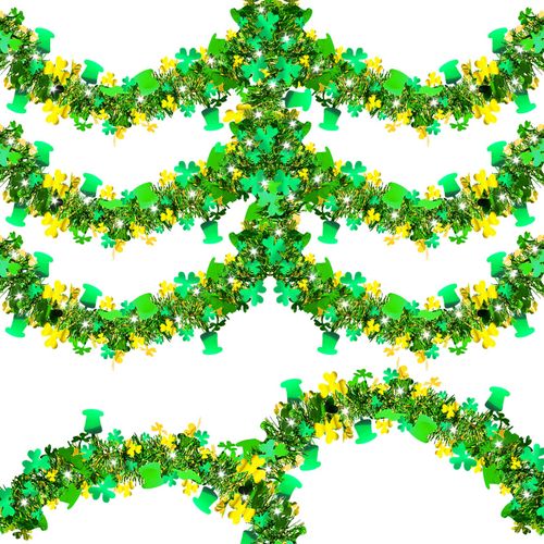 33 FT St Patricks Day Tinsel Garland Gold Green Shamrock Hat Garland Decorations, Shiny Metallic Hanging St. Patrick's Day Decors for Home Indoor Outdoor Party Supplies
