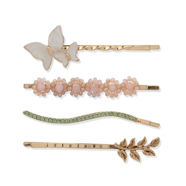 LONNA AND LILLY Gold Bobby Pins Set of 4, featuring gold finish, mother of pearl, beading, stoines, and crsytal with classic Bobby Pin push in closure