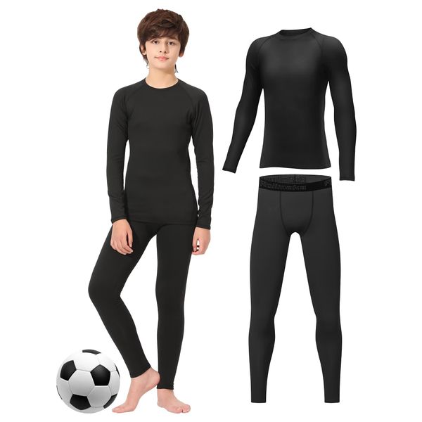 Rolimaka Kinder Funktionsunterwäsche Langarm Sportunterwäsche Fußball Trainingsanzüge Jungen Atmungsaktiv Skiunterwäsche Unterwäsche Warme Set für Training Ski Radsport Black XL