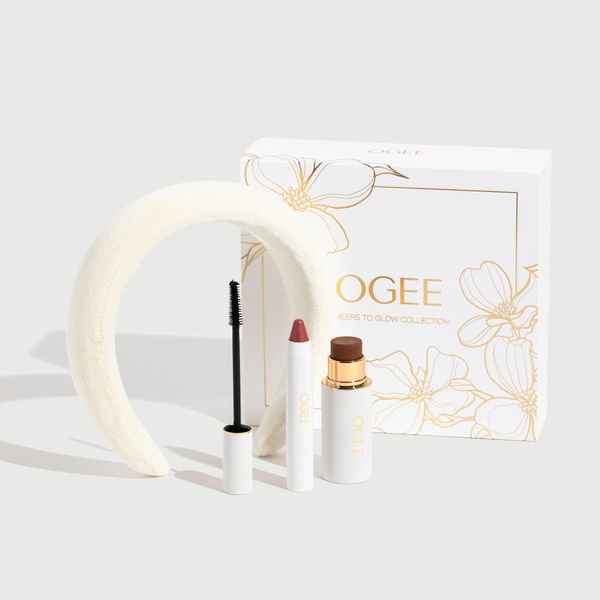 Ogee Cheers to Glow Limited-Edition Set - Sculpted Face Stick in Copper, Tinted Sculpted Lip Oil in Rosalia, and Beyond Clean Volumizing Mascara