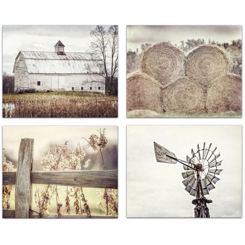 Lisa Russo Fine Art - Farmhouse Wall Decor Set of 4 Country Rustic Landscape Photographs - Barn, Fence, Hay, Windmill - Set of 4 - Not Framed - Beige, Tan, White (4 11x14 Prints)