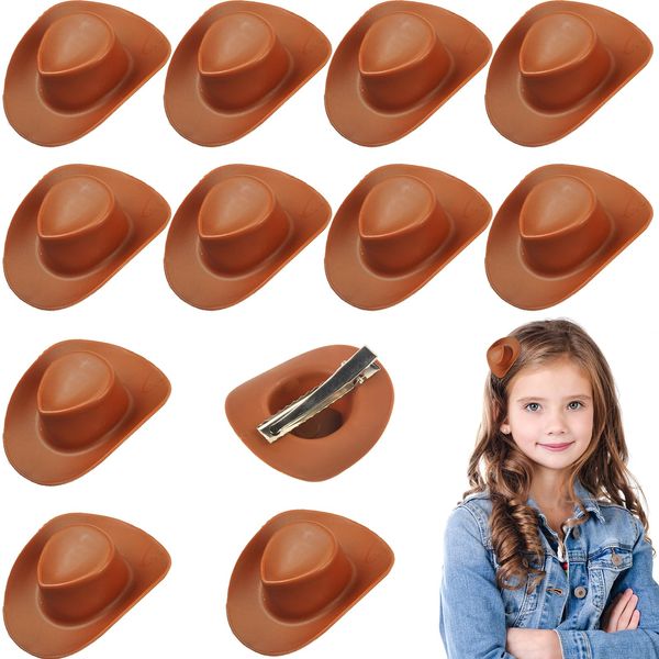 12 Pcs Mini Western Cowboy Cowgirl Hat Hair Clips, Plastic Mini Hat Hair Clip, Cute Cowboy Hat Clips, Cowgirl Hat Hair Clip for Decoration Accessories Toy Doll Dress Up Play House Games (Brown)