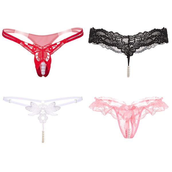 Miracle Root 4-Piece Set, Pearl-Style Beaded, Open Crotch, Panties, Sexy Lingerie, Random color with beads