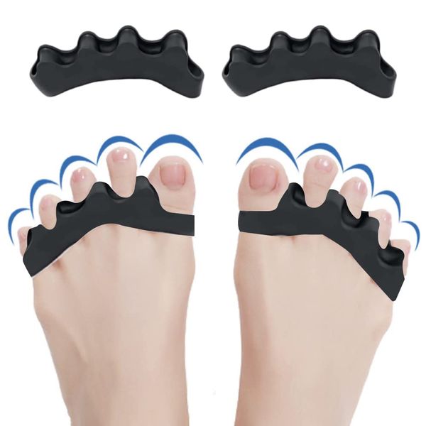 2pairs Toe Spacers,Correct Toes,SEBS Five Hole Design Women Men for Overlapping Toes 5 Holes Spacer Invisible Toe Separator for Bent Toes, Toe Straightener (Black)