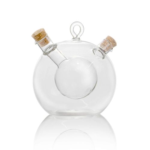 2 in 1 Oil & Vinegar Dispenser | Glass Bottle | Round Duo Olive Oil & Balsamic Vinegar Cruet Drizzler | Stylish Tabletop/Cookware Dispenser Bottle | M&W