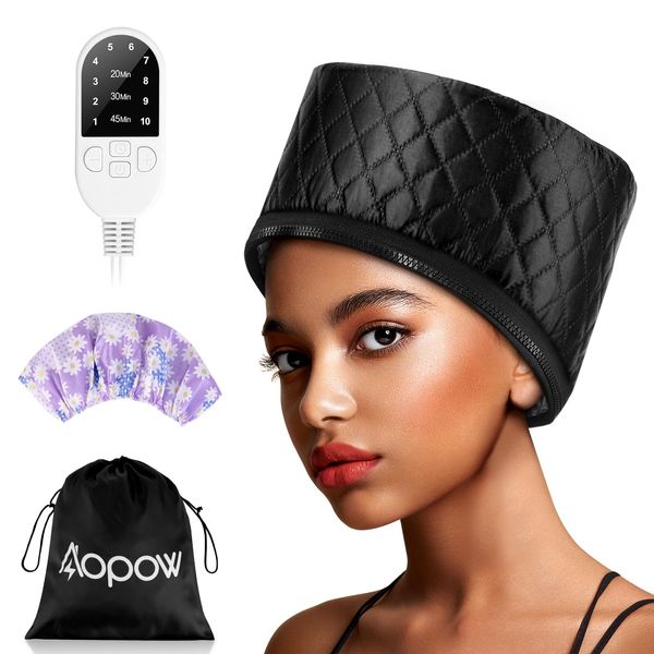 Heat Cap for Deep Conditioning: Hair Steamer for Natural Hair Home Use - Thermal Steam Cap for Black Hair Deep Conditioner with 10-Level Heats Up Quickly, Heating Caps for Hair Treatment - Black