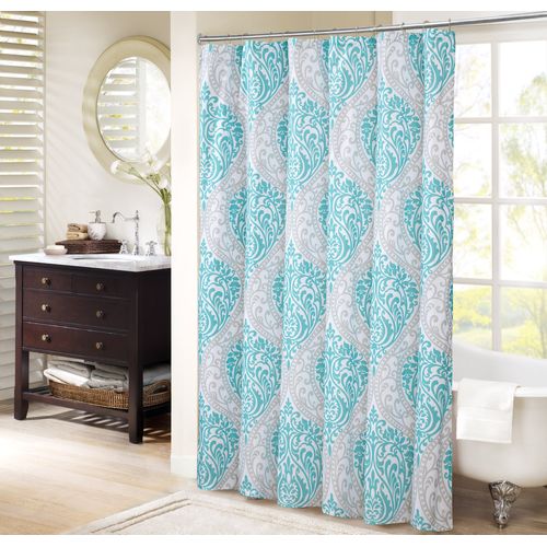 Comfort Spaces Coco Bathroom Shower Curtain Printed Damask Pattern Modern Cute Microfiber Fabric Bath Curtains, 72"x72", Teal / Grey