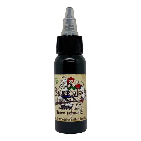 Sailor Jerry von Deep Colours. GmbH REACH konforme Sailor Jerry Tattoofarbe Liner Black (Linien Schwarz), 30 ml. Deutsche Tattoofarbe, Made in GERMANY und mit Zertifikat, Tätowierfarbe, Tattoo Ink,