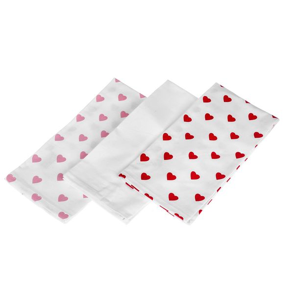 HOMESCAPES - Pure Cotton Tea Towels Set of Three - Hearts - Red Pink - 50 x 70 cm - Fully Coordinated Washable Kitchen Linen