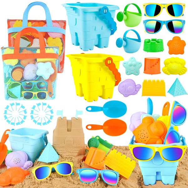 Luucio 42 PCS Beach Toys and Sand Toys, Sandbox Toys Beach Toys for Kids 3-10, Kids Beach Toys with Sand Bucket, Mesh Bags, Kids Sunglasses, Sand Castle Toys for Beach, Sand Toys for Toddlers Age 3-5