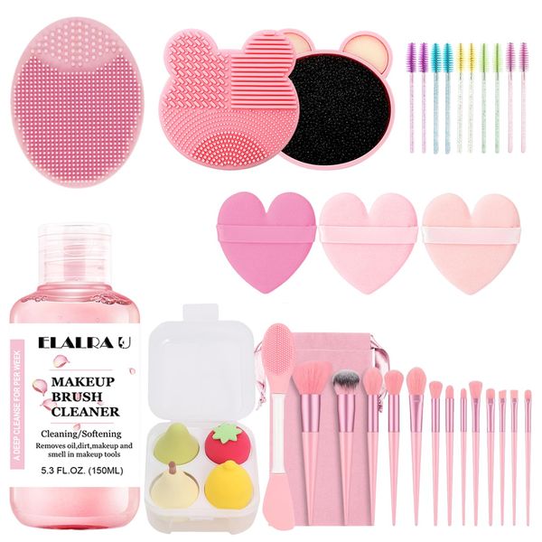 Makeup Brush Cleaner Kit, Makeup Brush Cleaning Set with Makeup Brush Cleaner Solution, Cleaning Mat, Makeup Brush Set, Facial Cleansing Brush, Powder Puffs, Makeup Sponges for Foundation 5.3 FL.OZ